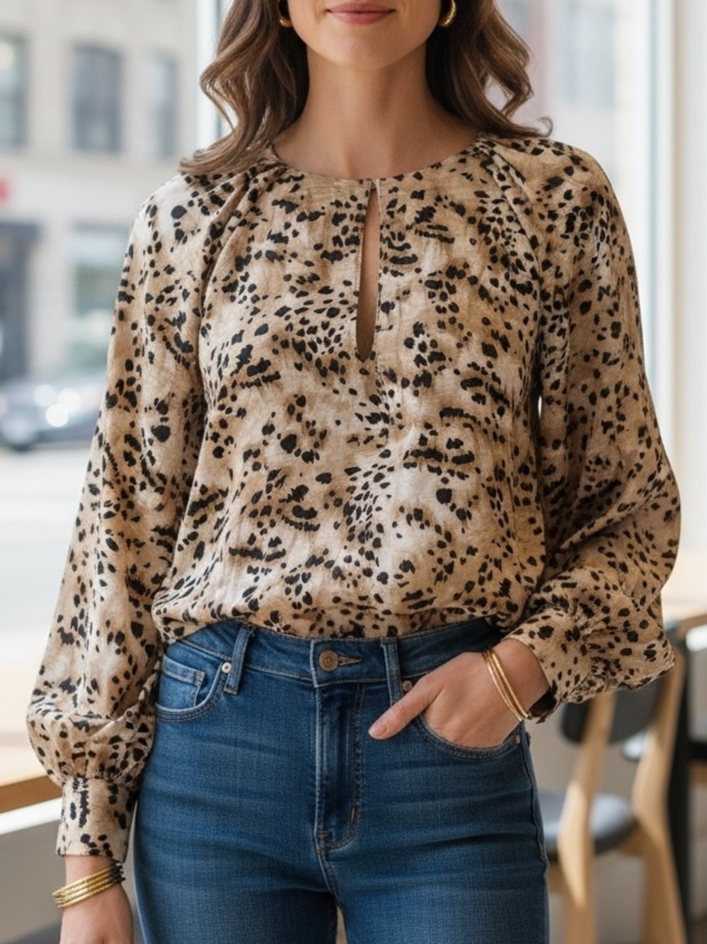 Banana Republic Beige Leopard Print Long Sleeve Keyhole Blouse